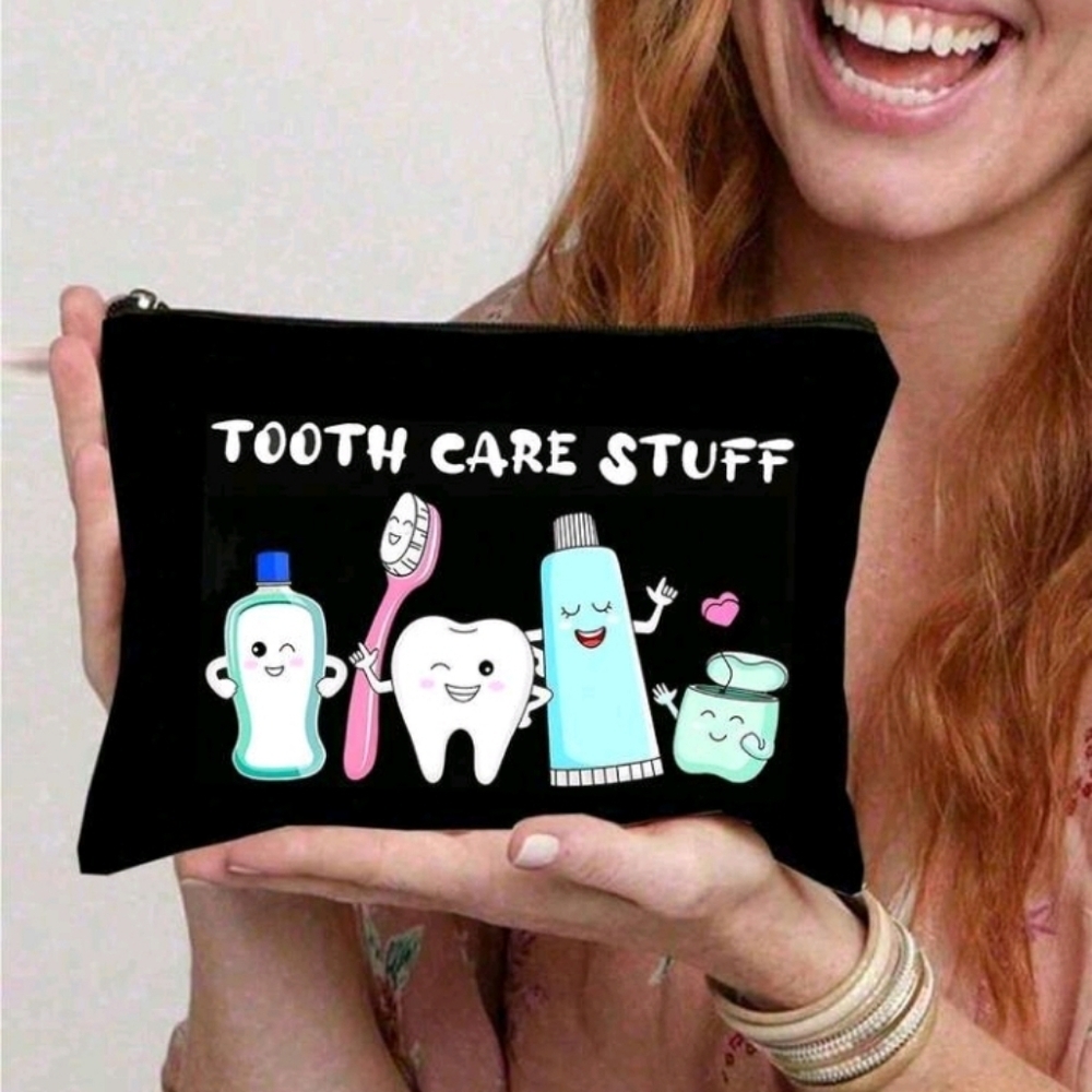 Black Tooth Care Stuff Canvas Zipper Purse Pouch Bag with Fun Teeth Graphics